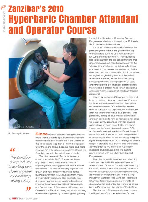 Image of the front cover of the DAN Southern Africa article about the 2010 Zanzibar Chamber Training Course written by Tammy Holter of Scuba Do Zanzibar