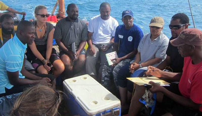 Workshop participants on boat preparing for coral reef monitoring practical exercise