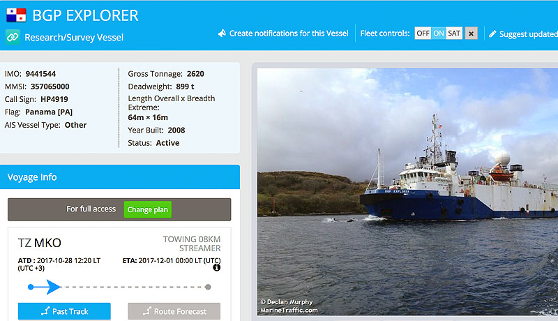 Screenshot showing details of BGP Explorer Seismic Survey Vessel